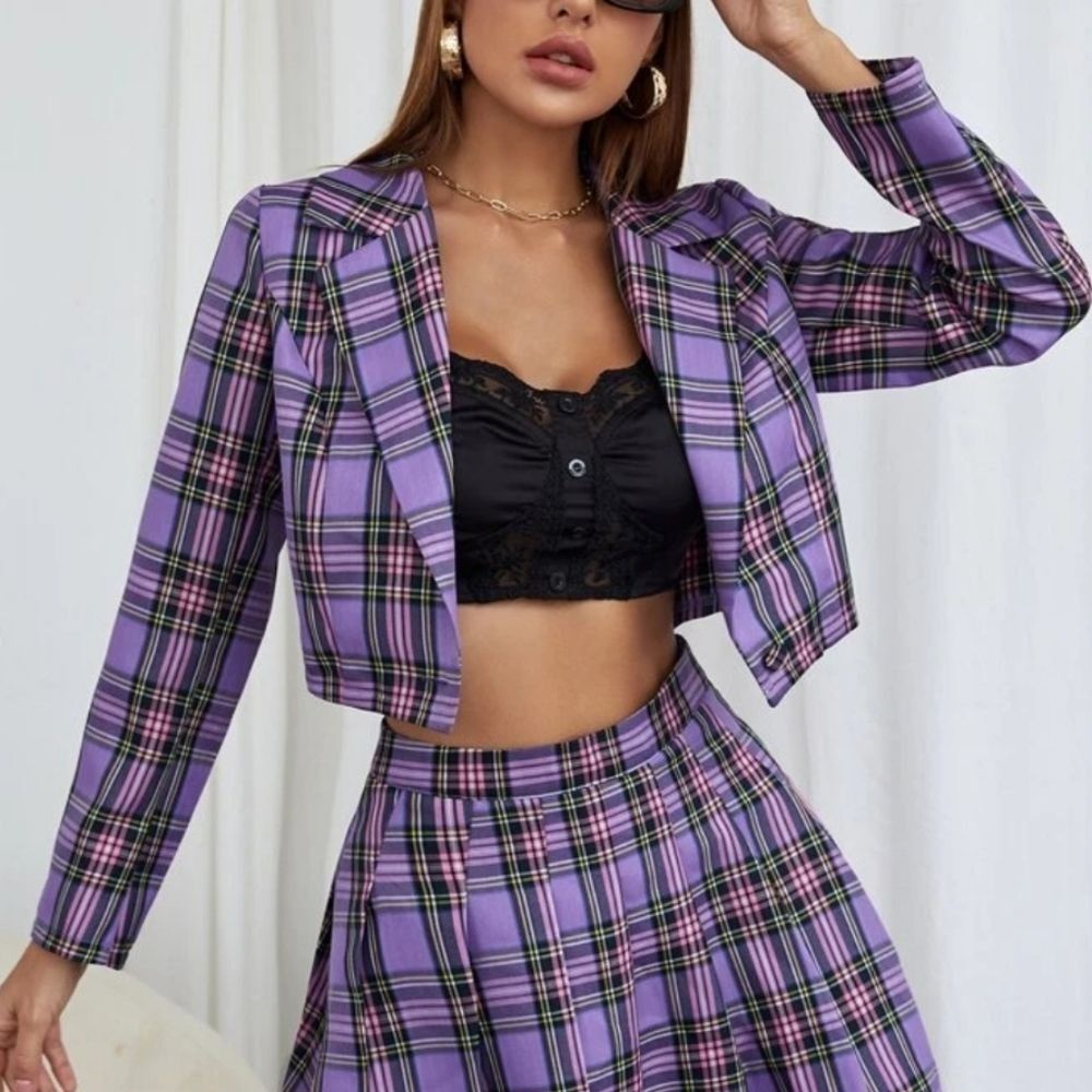 Shein Set Jacket Skirt XL Lavendar Pink Yellow Pleated Clueless Outfit y2k vibes